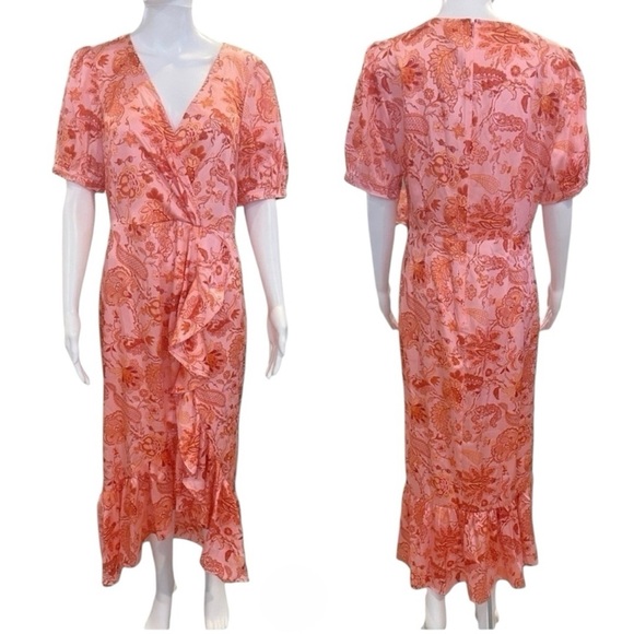 CINQ A SEPT Kay Faux Wrap Floral Print Short Flutter Sleeve MIDI Cocktail Dress - Picture 13 of 15